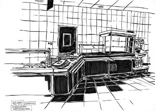 Reportage-croquis das les locaux du centre de tri - La Poste - Tours - Le nouveau centre de tri  Tours : la PIC - la cantine